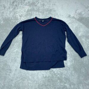 Studio Park Navy V-Neck Pullover Sweater With Red Trim M a0531